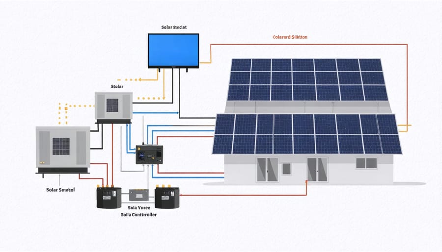 Technical diagram illustrating how solar microgrid components connect and work together in a home system