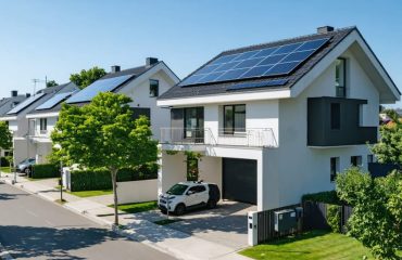 A modern neighborhood featuring a central home with solar panels and battery storage, representing a solar microgrid system. Technology overlays symbolize smart energy management, set against a backdrop of flourishing greenery and connected homes.