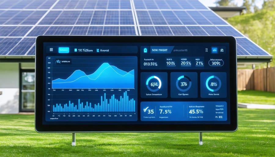 Mobile app interface showing real-time solar power monitoring and energy usage statistics