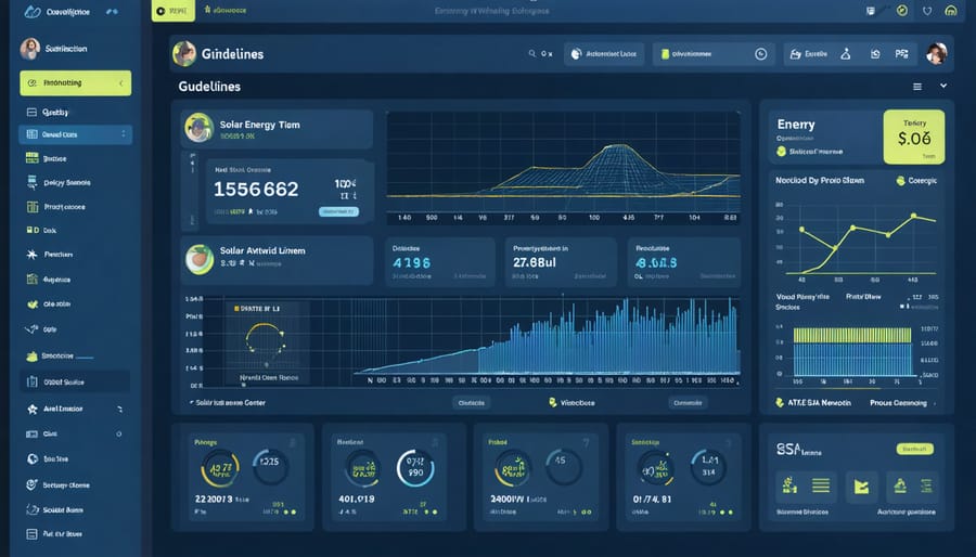 Solar monitoring system dashboard displaying energy production charts and system status