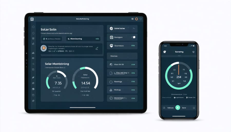Mobile devices displaying solar monitoring app interface with energy usage statistics