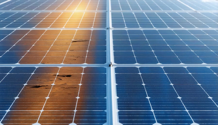 Side-by-side comparison of dirty and clean solar panels showing efficiency differences