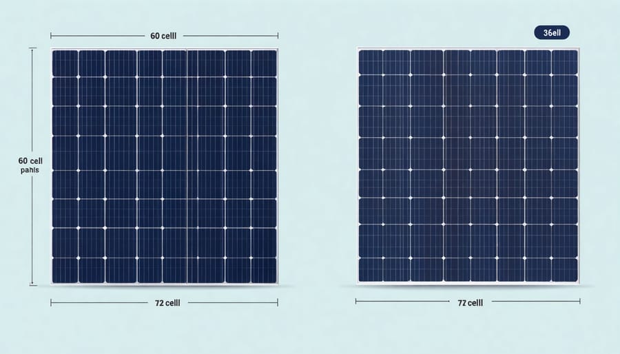 Comparison diagram of 60-cell and 72-cell solar panel dimensions with measurements