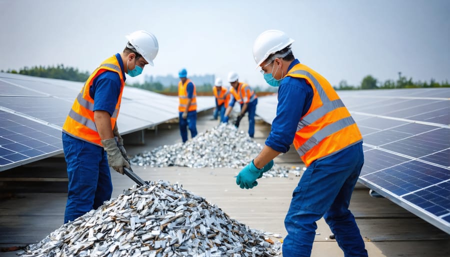Industrial workers dismantling solar panels at a recycling facility