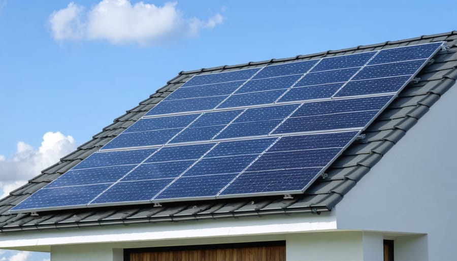 Solar panels installed on the roof of an energy-efficient home with mounting hardware