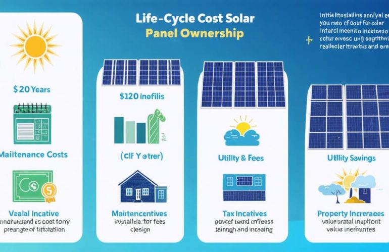 Infographic illustrating the life-cycle cost analysis of owning solar panels, showcasing initial costs, maintenance fees, energy savings, tax incentives, and property value increase over 20 years.