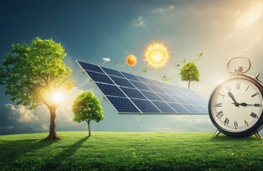 Conceptual artwork depicting a solar panel interconnected with natural elements, symbolizing lifecycle management, energy sustainability, and longevity.