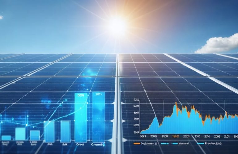 A comparison between clean and dirty solar panels with graphical performance indicators highlighting the efficiency differences.