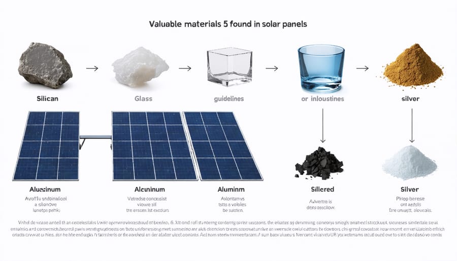 Component breakdown diagram of solar panel materials showing percentages of recyclable elements