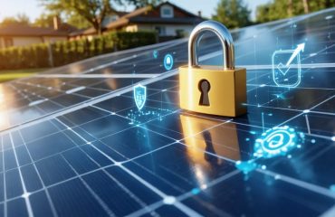 Conceptual illustration depicting a solar panel with safety symbols like a padlock and shield, set against a residential neighborhood background, highlighting the importance of safety standards in solar installations.