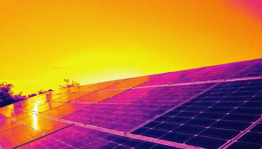 Thermal imaging of solar panels with color gradient showing temperature variations across the surface