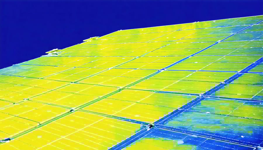 Thermal imaging scan of solar panels revealing temperature variations and potential problem areas
