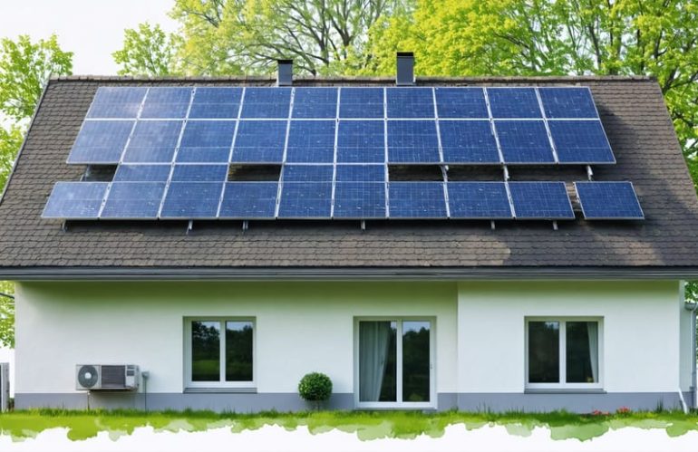 Illustration of a residential home showcasing different solar panel configurations and sizes, including landscape and grid patterns, with details on panel dimensions and power outputs.