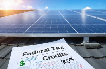 Conceptual image showcasing solar panels on a rooftop with overlay of financial symbols, and a document highlighting "Federal Tax Credits" with 30% prominently displayed, representing the financial incentives of solar power regulations.