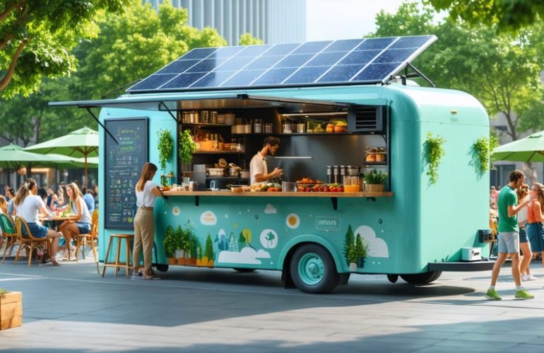 A solar-powered food truck with visible solar panels on the roof, featuring eco-friendly branding and serving customers in an urban setting under bright sunlight.