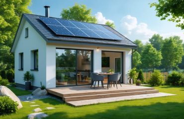 Modern small house with solar panels in a green, nature-rich setting under a bright, sunny sky, exemplifying sustainable living.