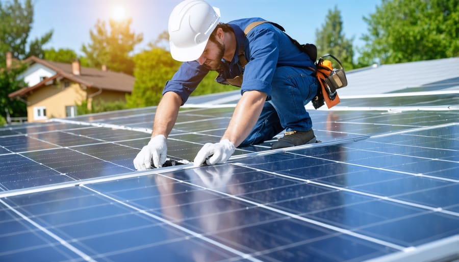 Licensed solar technician inspecting electrical connections of rooftop solar installation
