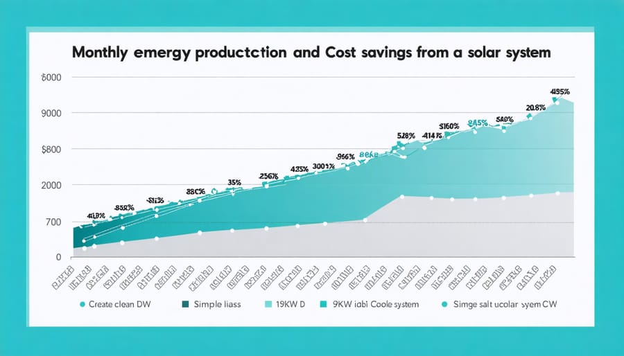 Bar chart comparing monthly energy production and utility bill savings for 9kW solar system
