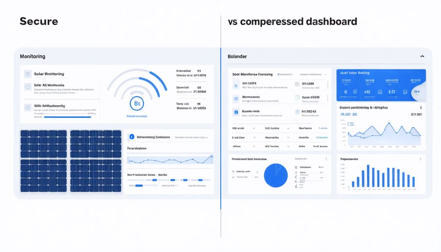 Comparison of a secure solar monitoring interface with encryption versus a compromised system showing unauthorized access alerts