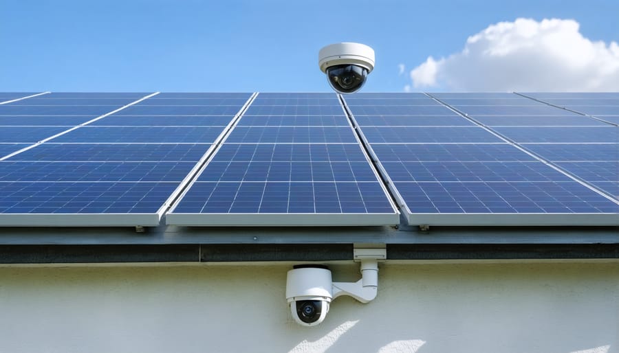 Security cameras and monitoring equipment protecting roof-mounted solar panels
