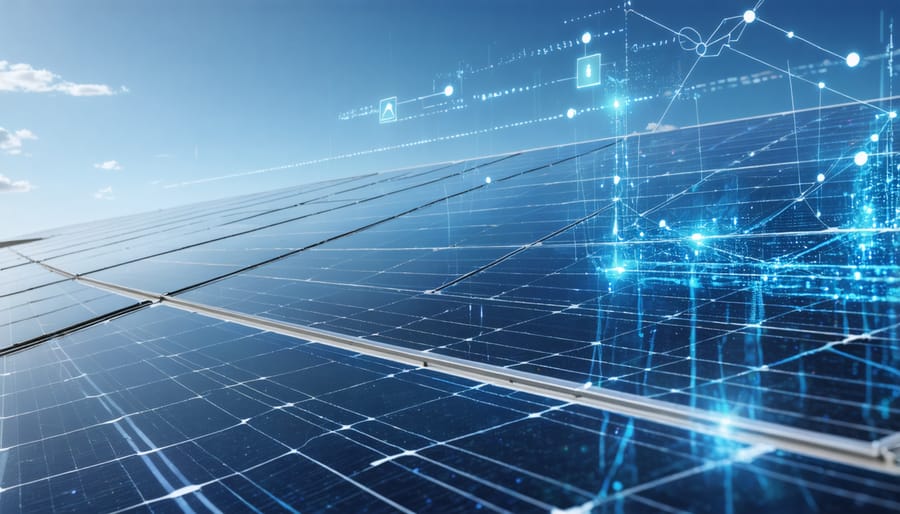 Solar panel installation alongside a digital dashboard showing blockchain-based energy transactions