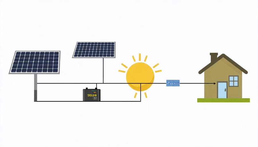 Infographic illustrating how solar energy flows from solar panels through batteries to power a home