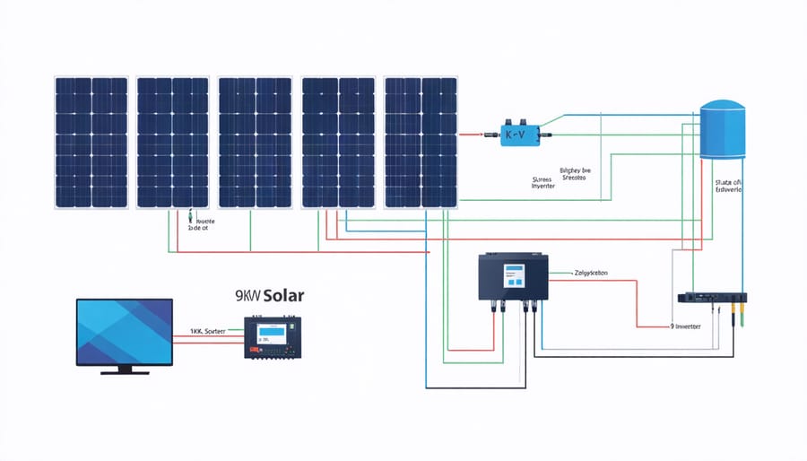 Technical illustration of 9kW solar system components and their connections