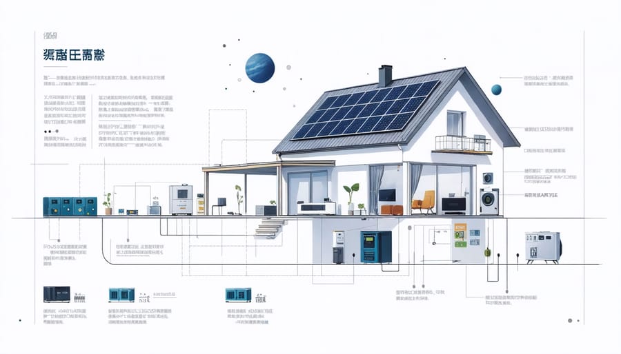 Infographic of solar power system components including panels, inverter, and battery storage for tiny homes