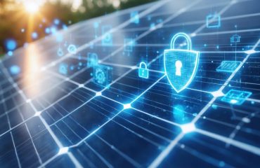Digital image depicting a solar panel surrounded by cybersecurity symbols and digital interfaces, illustrating protection and connectivity within smart energy systems.