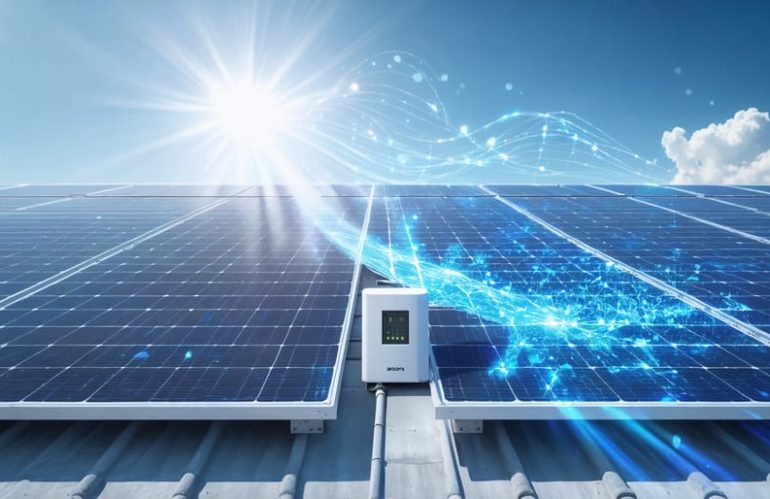 "Illustrative depiction of a solar panel array connected to a high-efficiency inverter, capturing the transformation of solar energy into usable power with vibrant energy waves under a clear sunny sky."