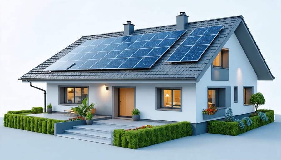 Home solar panel system with overlaid cybersecurity features including encrypted connections and monitoring points