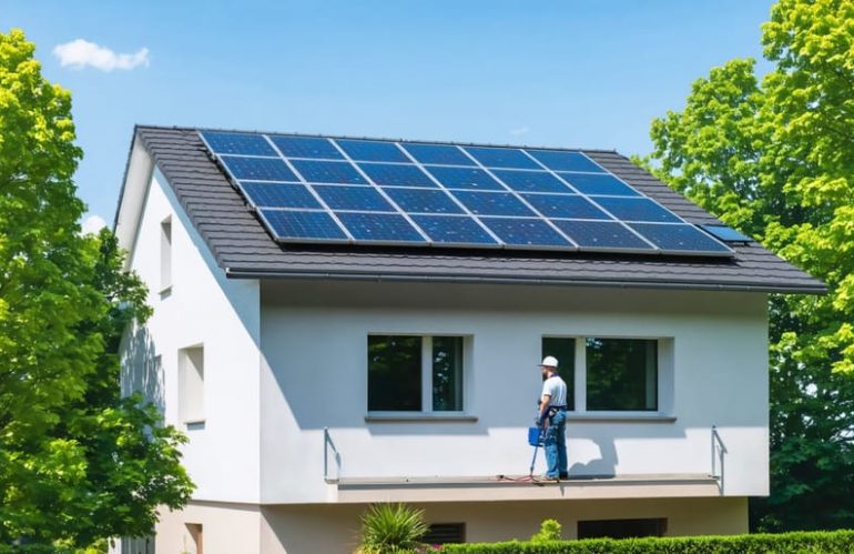 A professional technician performing maintenance on a home's solar panels, ensuring optimal performance and longevity. The setting reflects a sunny day with solar panels integrated into a modern home, emphasizing the importance of preventive care.