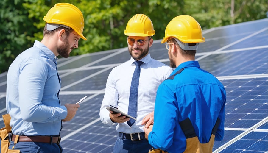 Solar installation team discussing project details with homeowners at installation site