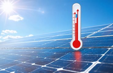 Solar panels beneath a sunny sky with a thermometer displaying rising temperatures; a graph shows the decline in panel efficiency as temperatures increase.