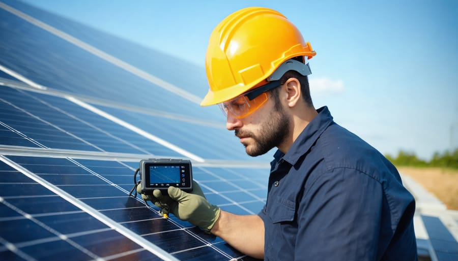 Professional technician using thermal imaging equipment to check solar panel electrical connections