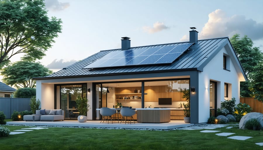 Contemporary tiny home with integrated solar panel system on slanted roof