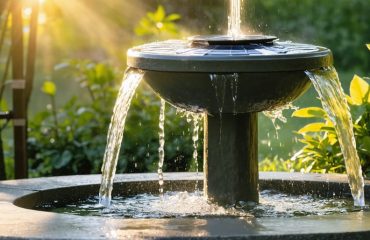 A solar-powered water fountain in a garden setting, surrounded by vibrant greenery, with sunlight visibly powering the gentle flow of water, showcasing sustainable and eco-friendly outdoor decor.