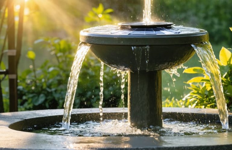 A solar-powered water fountain in a garden setting, surrounded by vibrant greenery, with sunlight visibly powering the gentle flow of water, showcasing sustainable and eco-friendly outdoor decor.