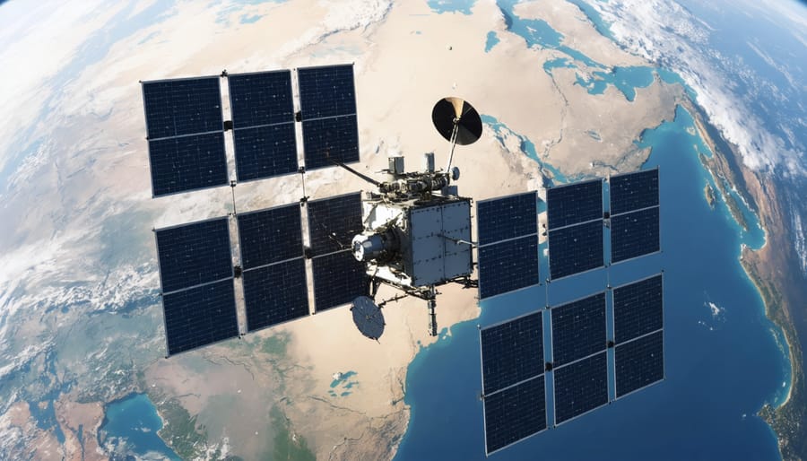 Conceptual illustration of a space-based solar power station orbiting Earth
