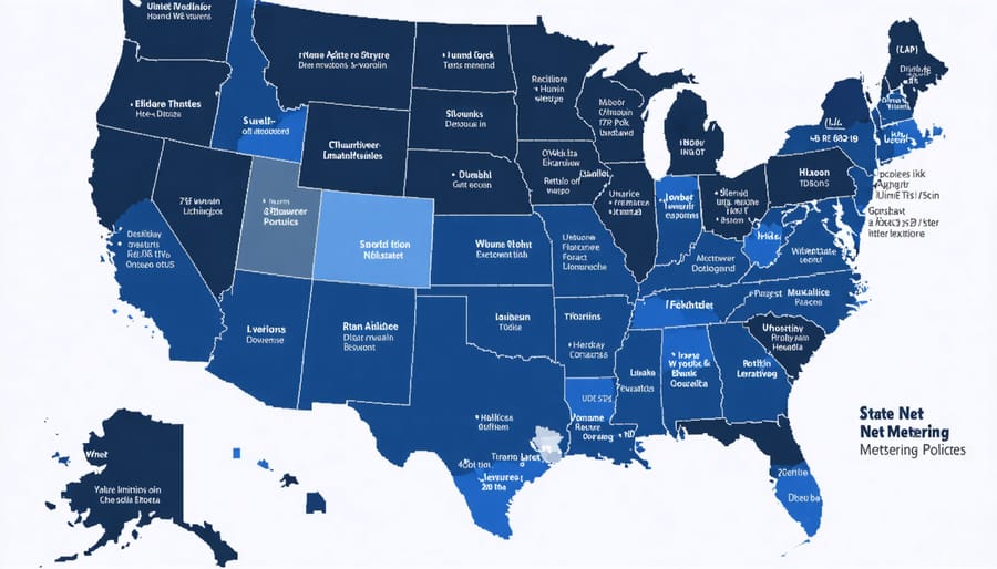 Color-coded US map displaying various state-level net metering policies and rates
