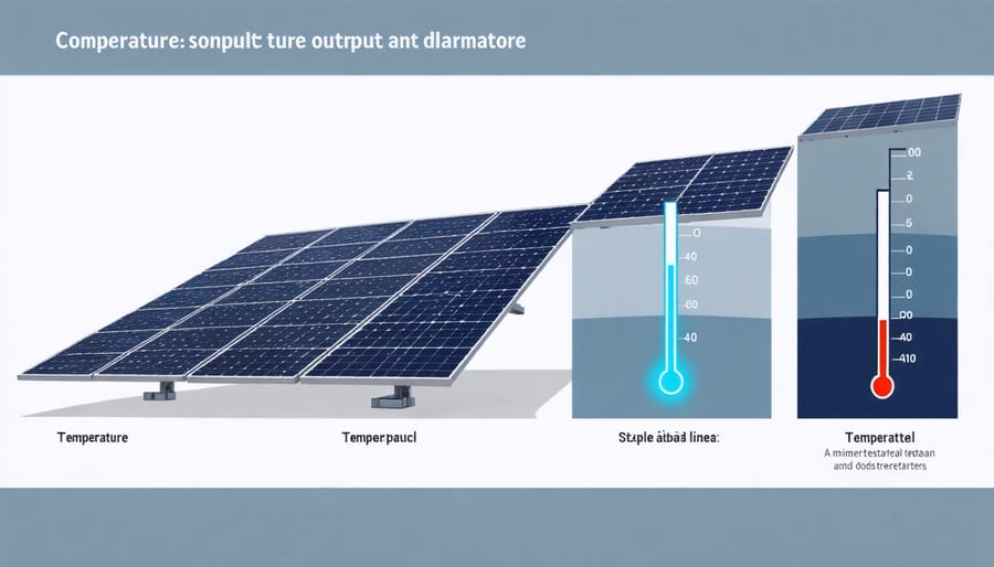 Bar chart comparing solar panel power output at various temperature points with percentage efficiency indicators