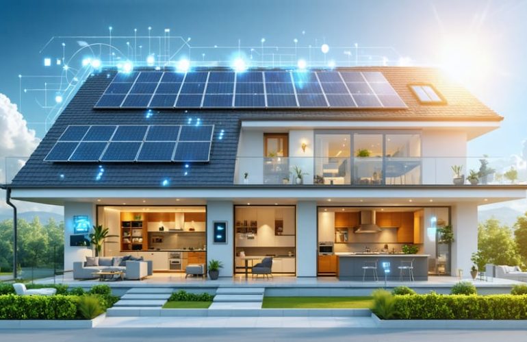 Illustration of a modern home with solar panels and 3-phase solar inverter, showcasing efficient energy distribution across multiple circuits and smooth operation of appliances.
