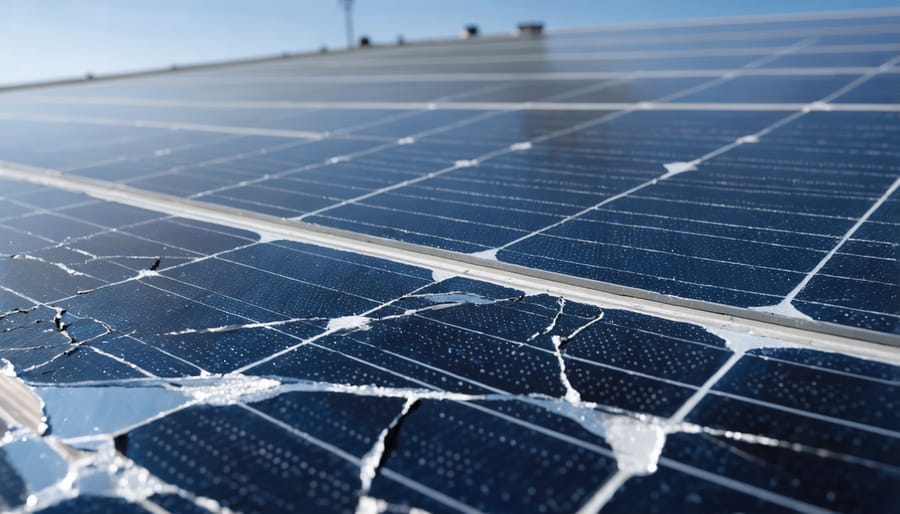 Vandalized solar panels with broken glass and visible damage
