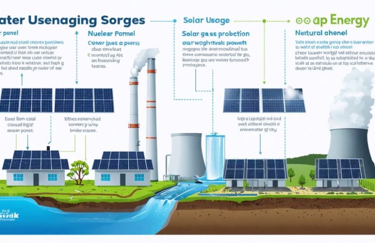 "Infographic showing a comparison of water usage between solar panel production, coal, nuclear, and natural gas power generation, emphasizing solar panels' lower water consumption lifecycle."