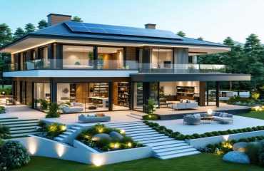Illustration of a modern zero energy ready home with solar panels, airtight construction, and energy-efficient windows, set in an eco-friendly landscape.
