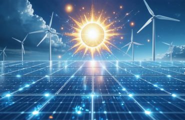 Visual representation of an AI-powered hybrid energy system, showcasing solar panels, wind turbines, and grid connection working harmoniously with an AI controller to optimize energy usage.