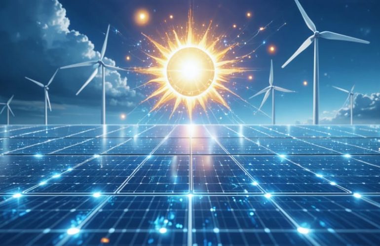 Visual representation of an AI-powered hybrid energy system, showcasing solar panels, wind turbines, and grid connection working harmoniously with an AI controller to optimize energy usage.