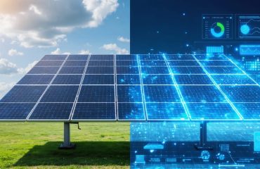 A visual comparison between traditional static solar panels and AI-optimized solar panels with dynamic adjustment features, highlighting real-time AI-enabled energy optimization and management.