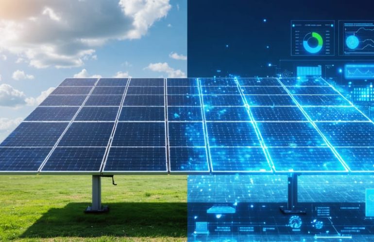 A visual comparison between traditional static solar panels and AI-optimized solar panels with dynamic adjustment features, highlighting real-time AI-enabled energy optimization and management.