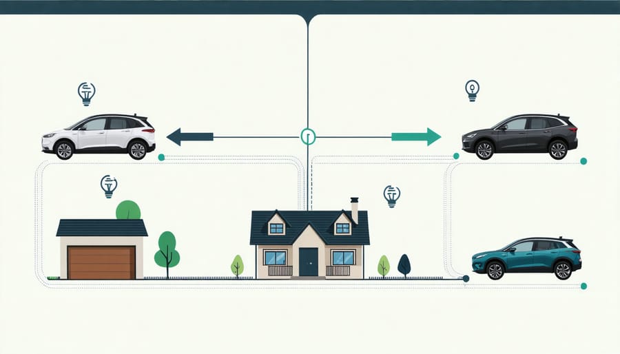 Visual representation of energy flowing between solar panels, home, and electric vehicle in both directions